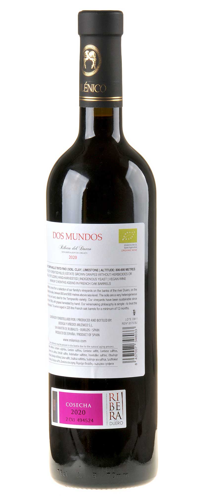 Milénico Dos Mundos Ribera del Duero 2020 Rücketikett