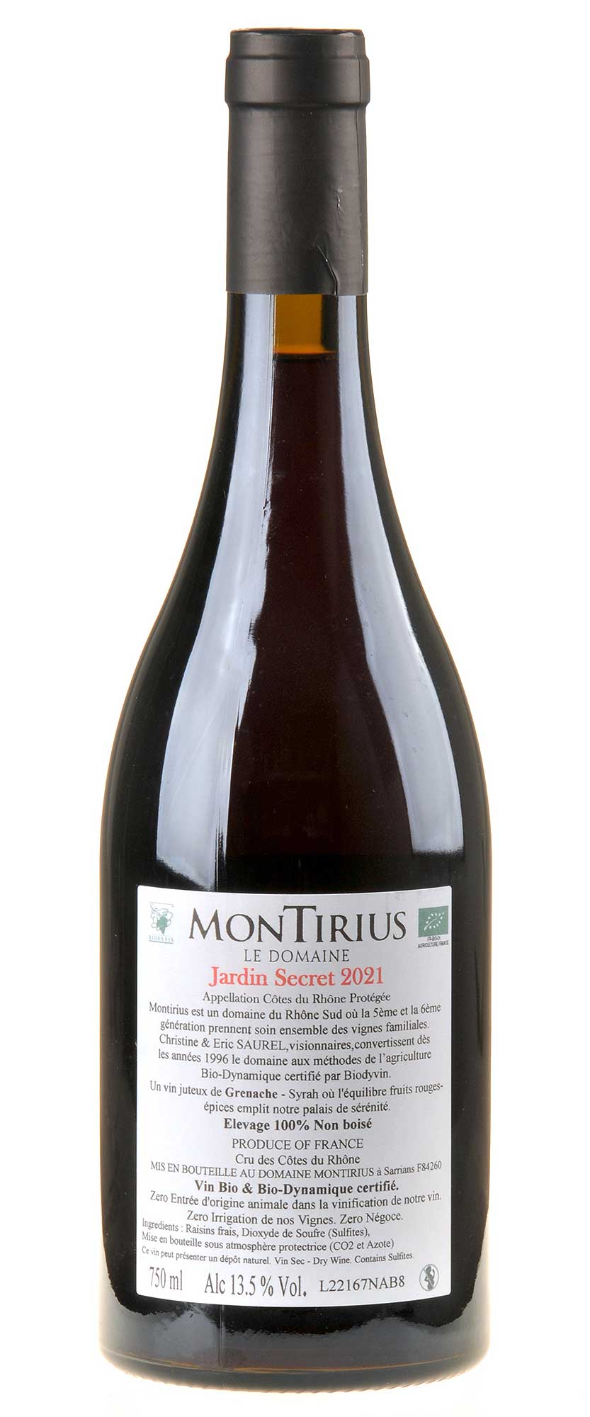Montirius Jardin Secret Côtes du Rhône Rouge Bio 2021 Rücketikett