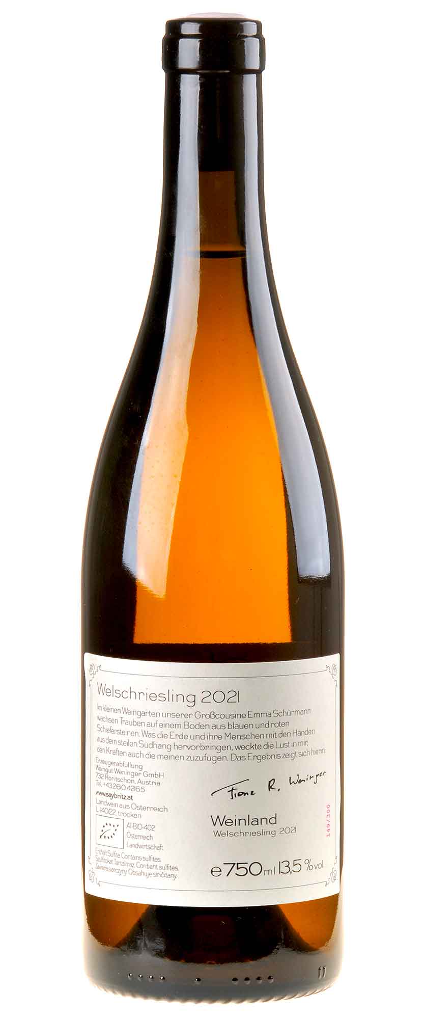 Weingut Weninger Welschriesling Saybritz Bio 2021 Rücketikett