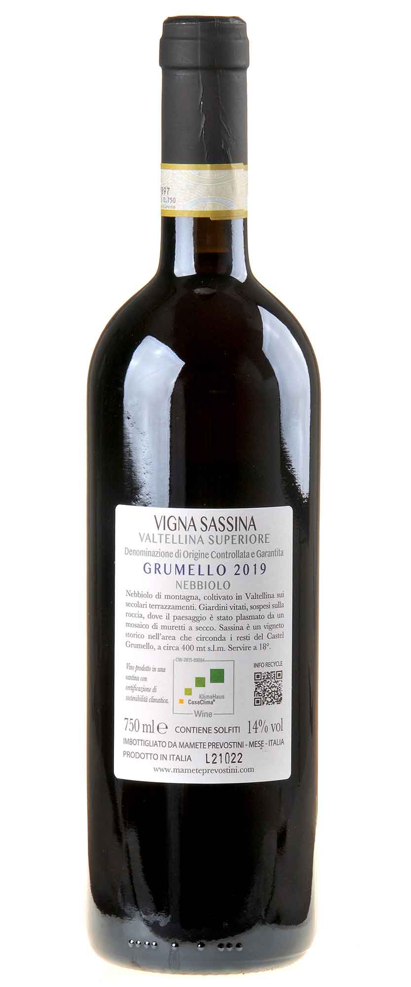 Mamete Prevostini Vigna Sassina Grumello Valtellina Superiore 2019 Rücketikett