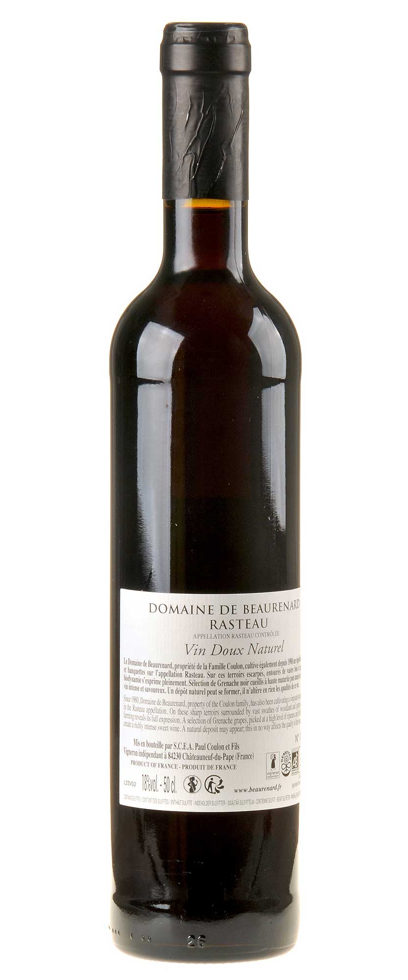 Domaine de Beaurenard Rasteau Grenat Vin Doux Naturel Bio 2019 0,5l Rücketikett