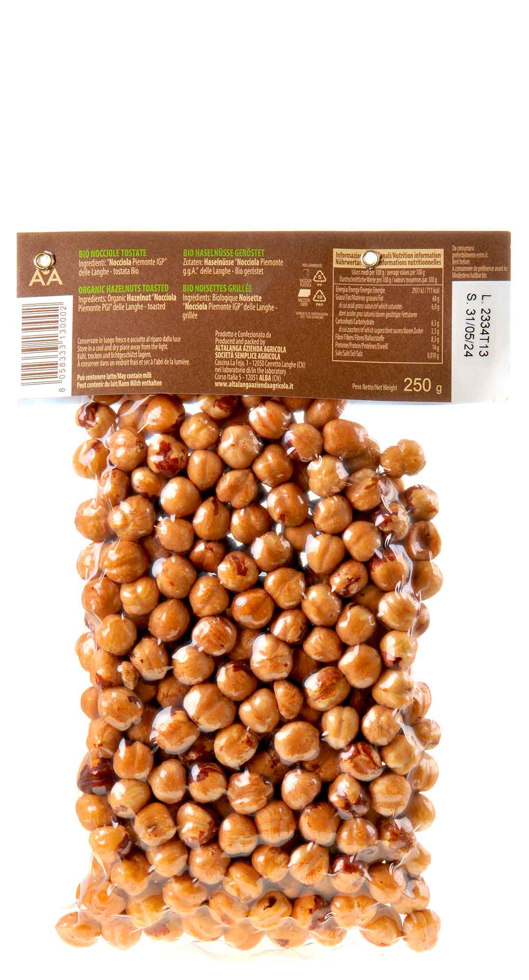 Altalanga azienda agricola Piemonteser Haselnüsse geröstet Vakuum verpackt Bio 250g Rücketikett