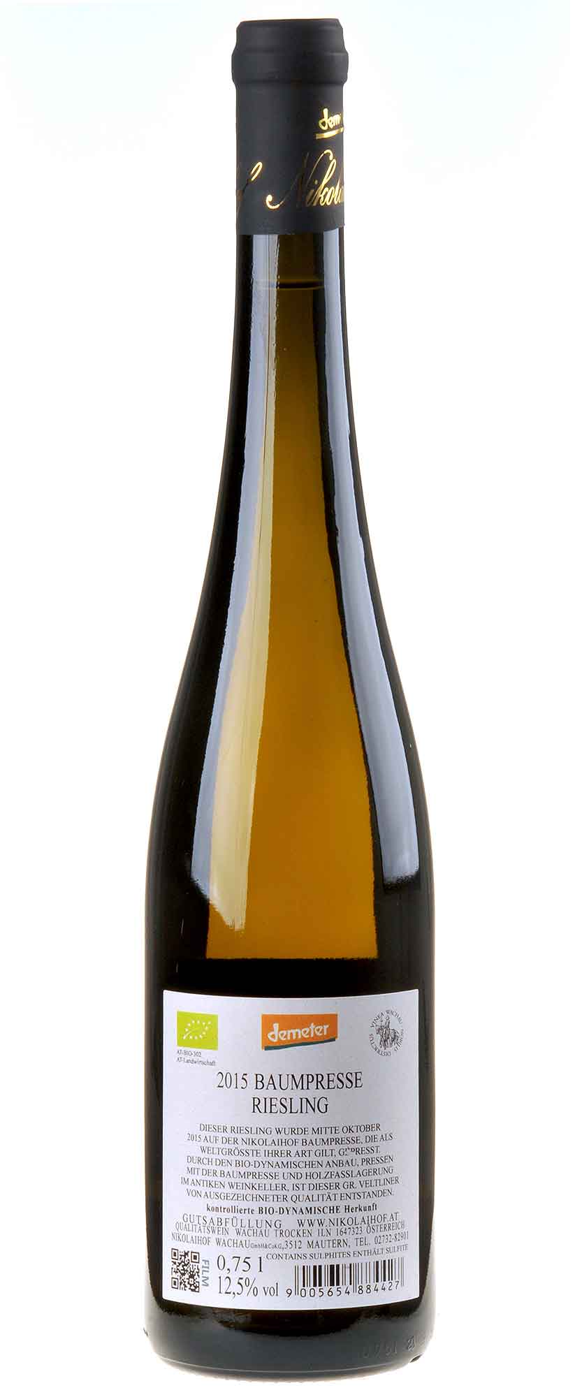 Nikolaihof Riesling Baumpresse im Weingebirge 2015 Rücketikett