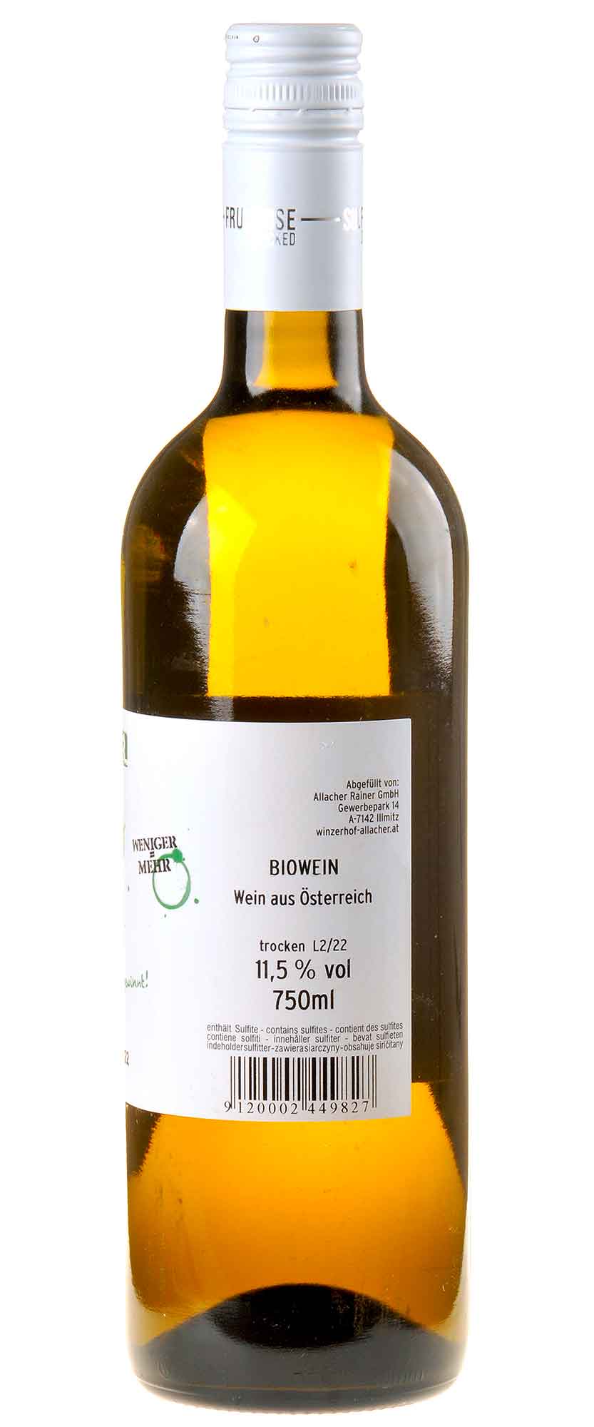 Winzerhof Allacher Grüner Veltliner trocken Bio 2022 Rücketikett