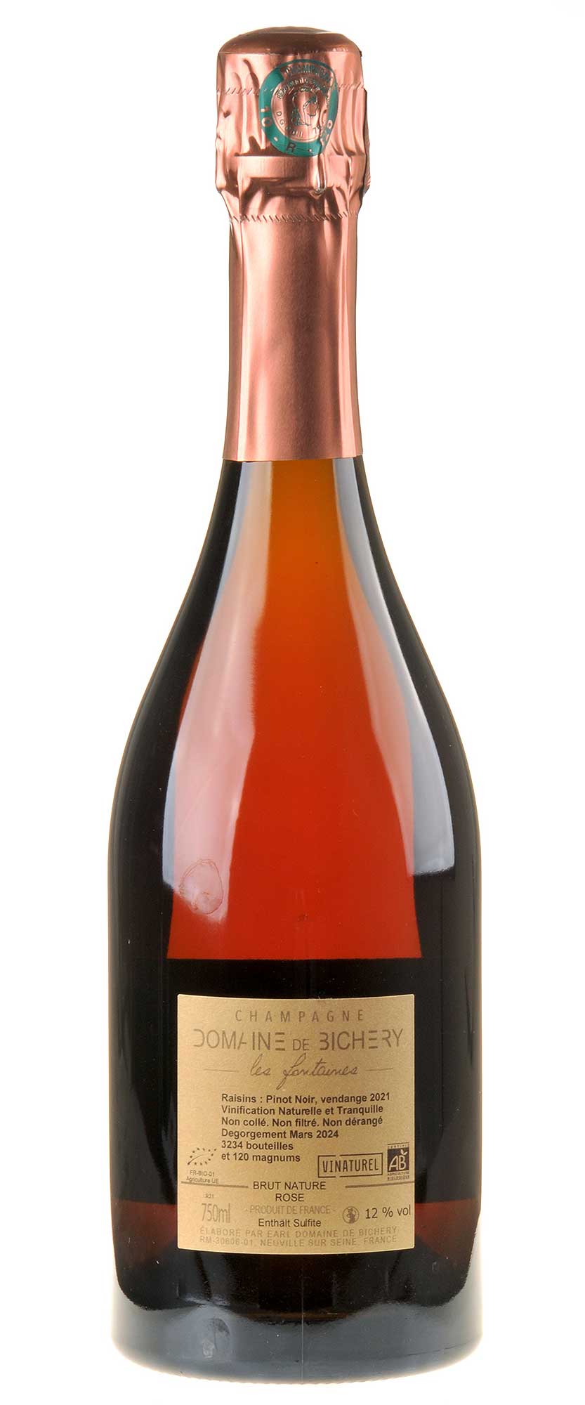 Domaine de Bichery Champagne Les Fontaines Rosé Brut Nature Bio 2021 Rücketikett