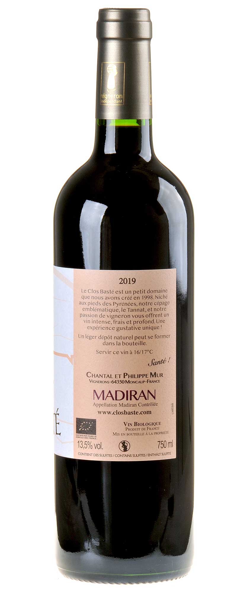 Domaine Clos Basté Madiran L'Esprit de Basté Bio 2019 Rücketikett