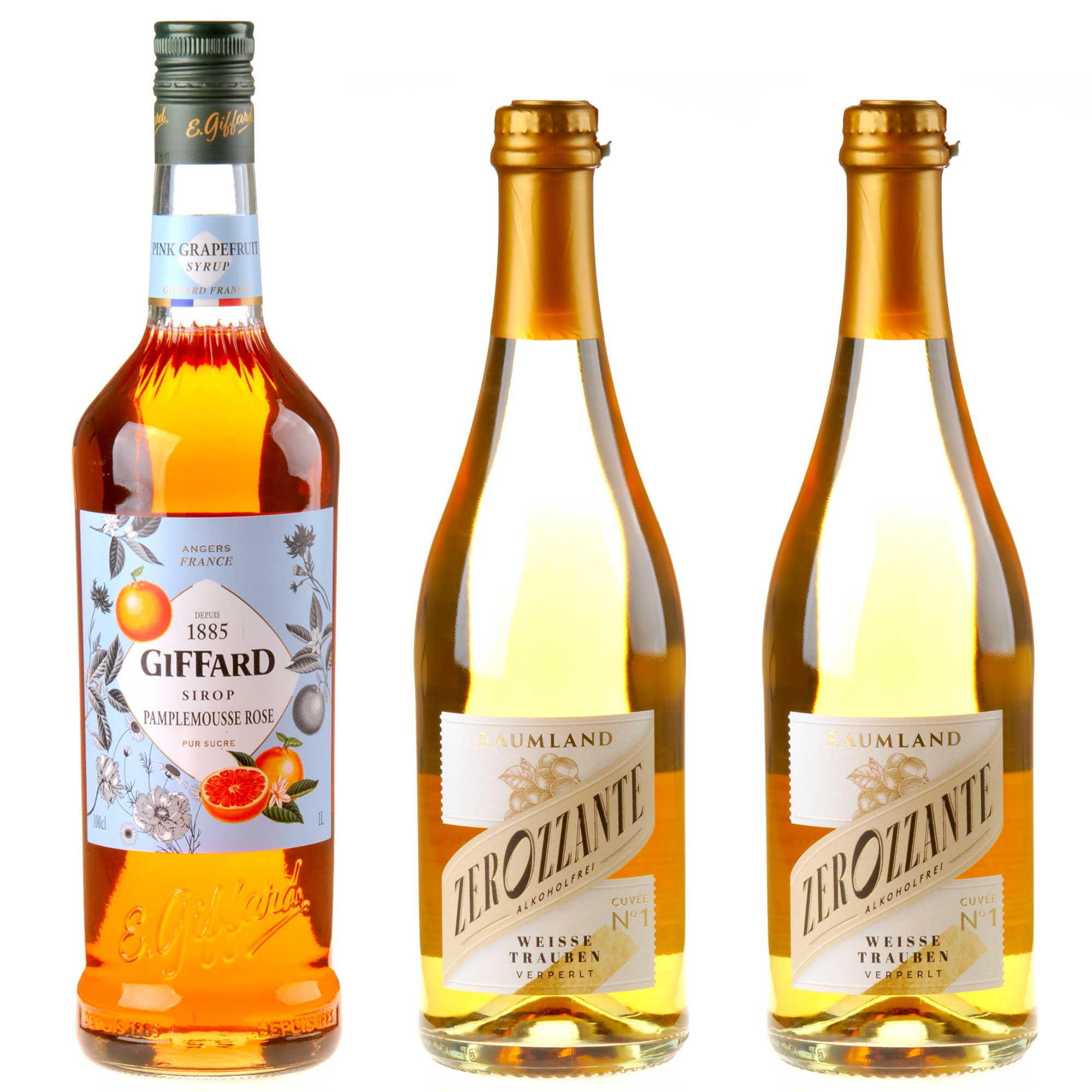 3er-Paket Nizza Pampelmuse alkoholfrei mit Raumland Zerozzante & Giffard Pink Grape Sirup