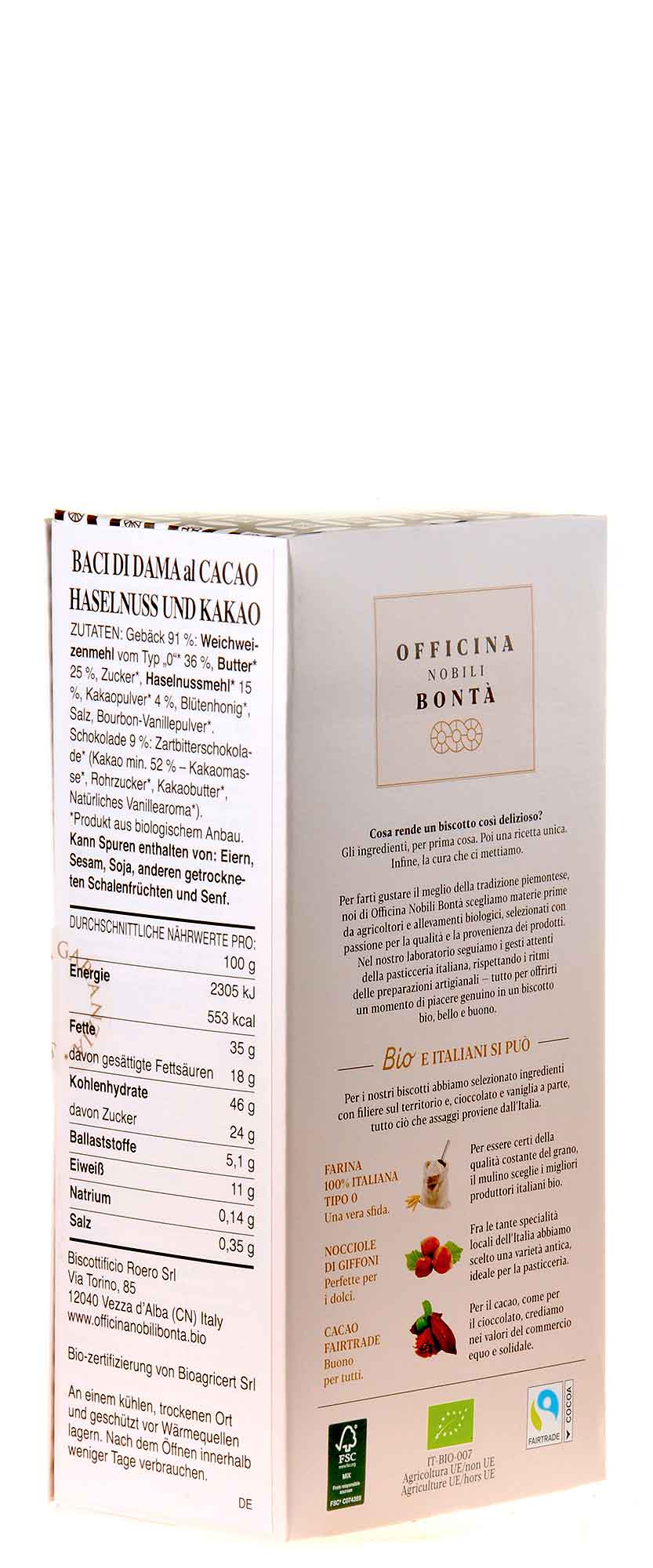 Officina Nobili Bonta Baci di Dama al Cacao e Nocciola Bio 180g Rückseite