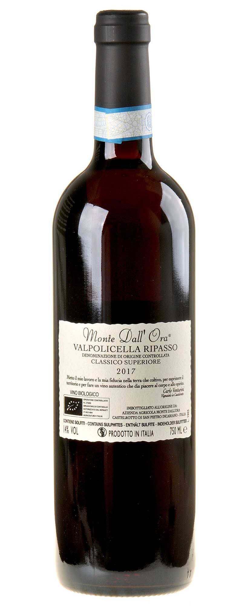 Monte Dall'Ora Valpolicella Classico Superiore Ripasso Sausto Bio 2017 Rücketikett