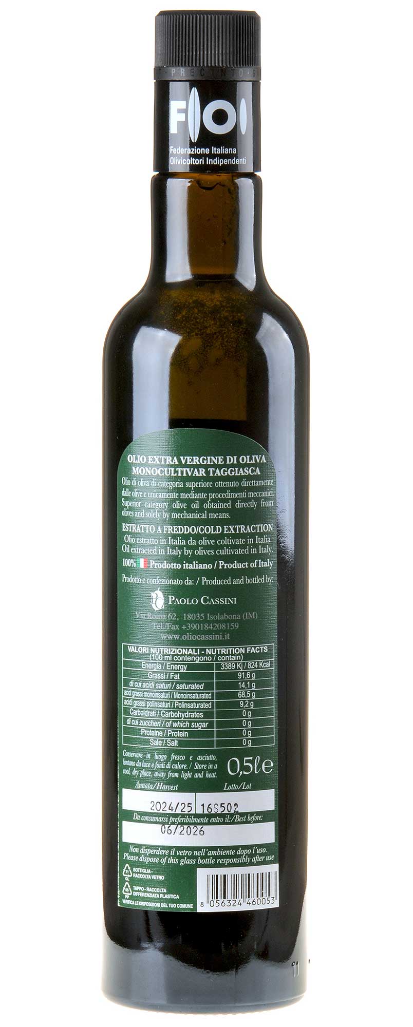 Paolo Cassini Olivenöl Extra Vergine Taggiasca S'ciappau 2024 500ml Rücketikett