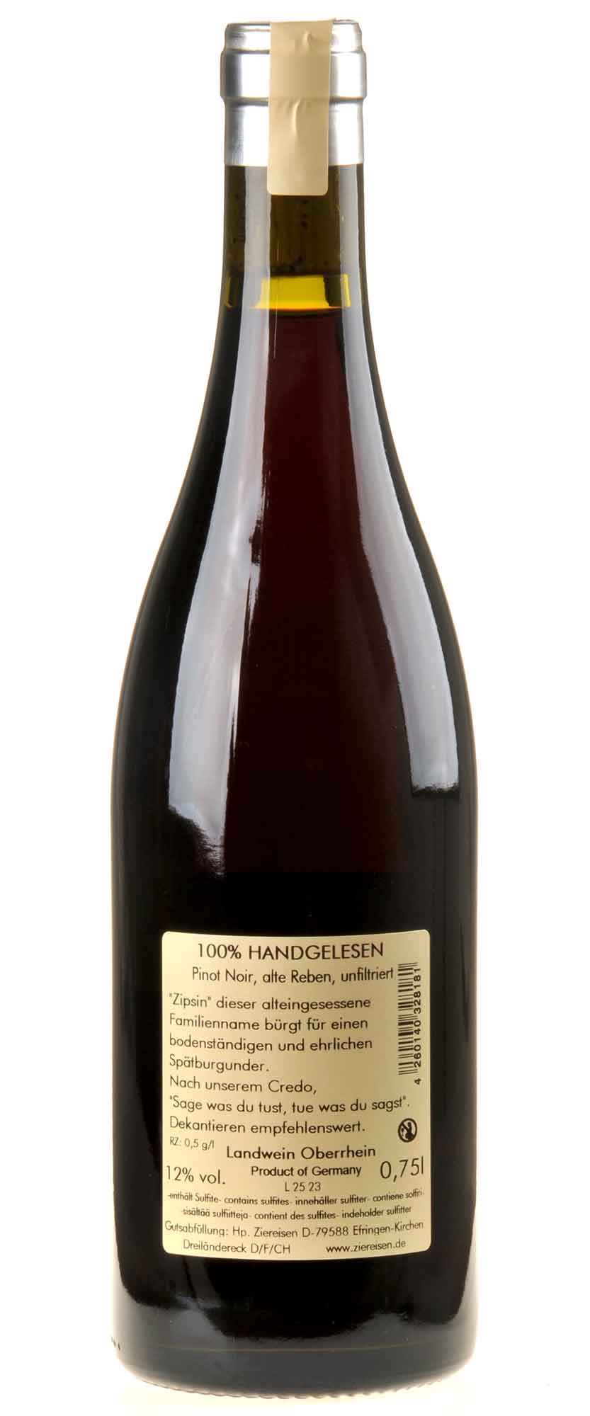 Weingut Ziereisen Jaspis Zipsin Pinot Noir 2021 Rücketikett