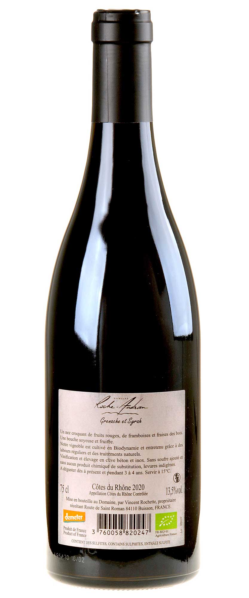 Roche-Audran Côtes du Rhône Rouge sans Soufre Ajouté Bio 2020 Rücketikett