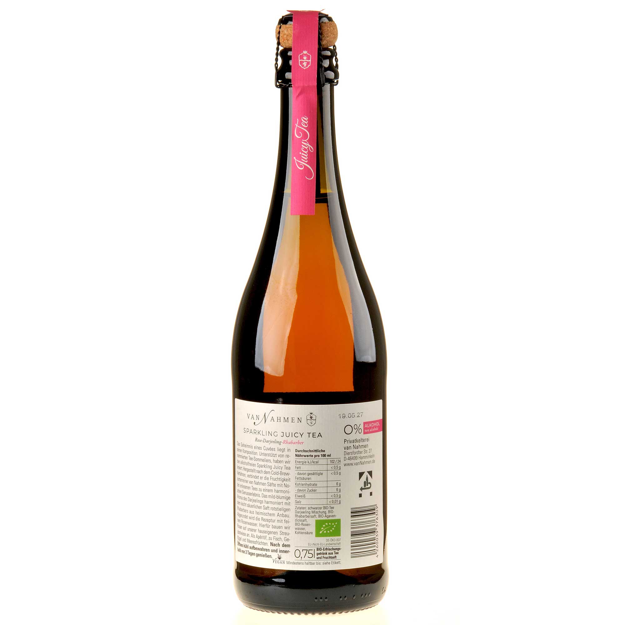 Van Nahmen Sparkling Juicy Tea Rose Darjeeling Rhabarber alkoholfrei Bio Rücketikett