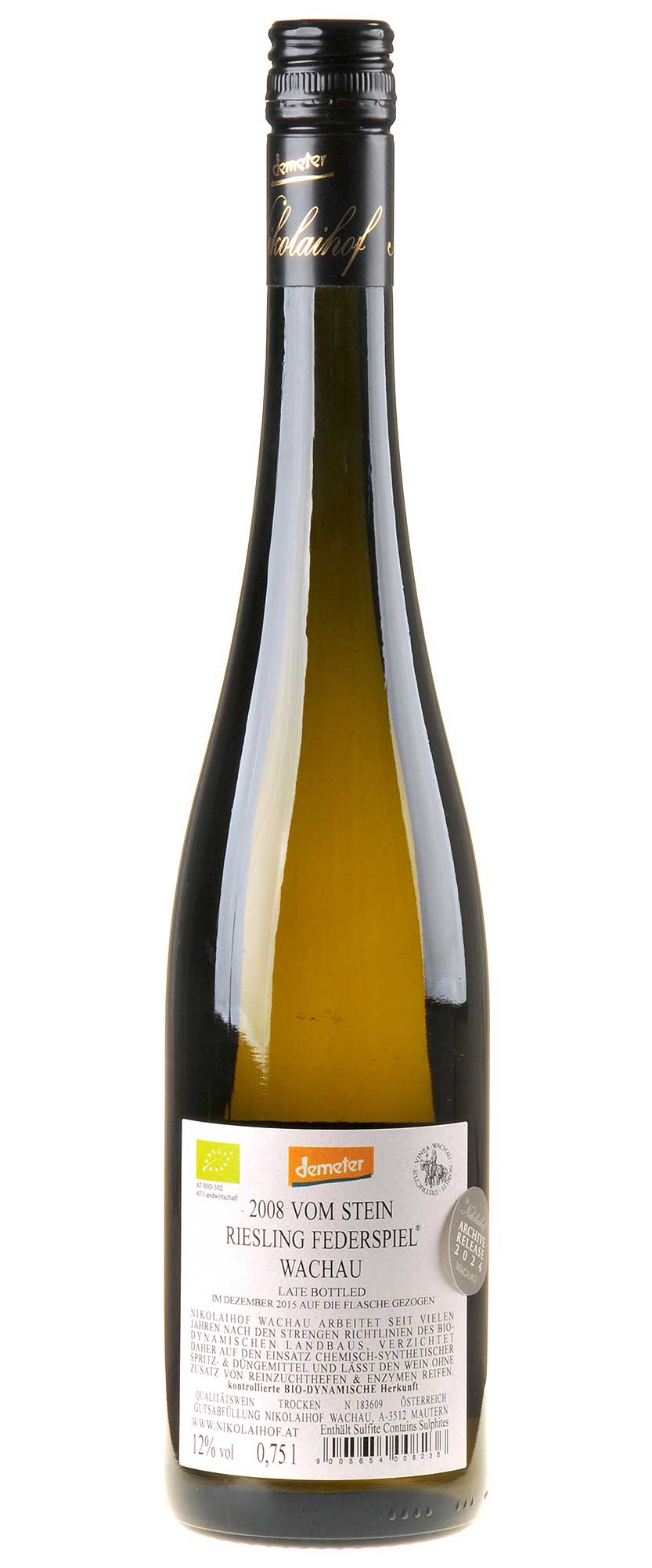 Nikolaihof Riesling vom Stein Federspiel  Bio 2008 Late Bottled Rücketikett