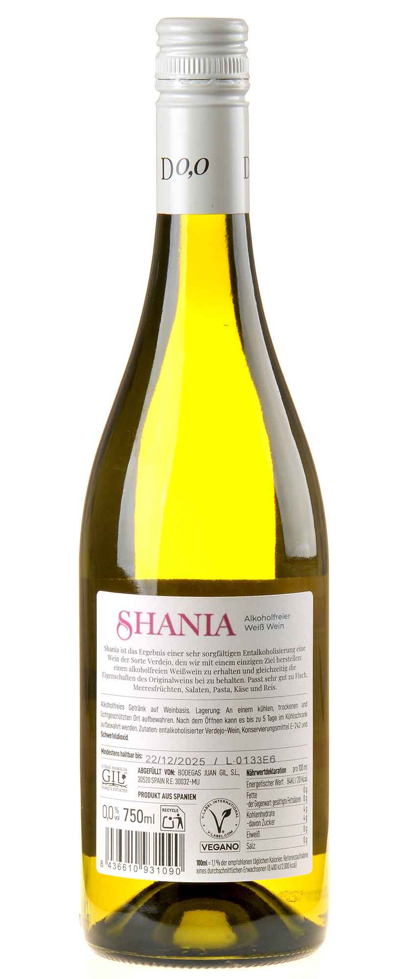 Bodegas Juan Gil SHANIA 0,0 White De-Alcoholized Jumilla Verdejo Rücketikett