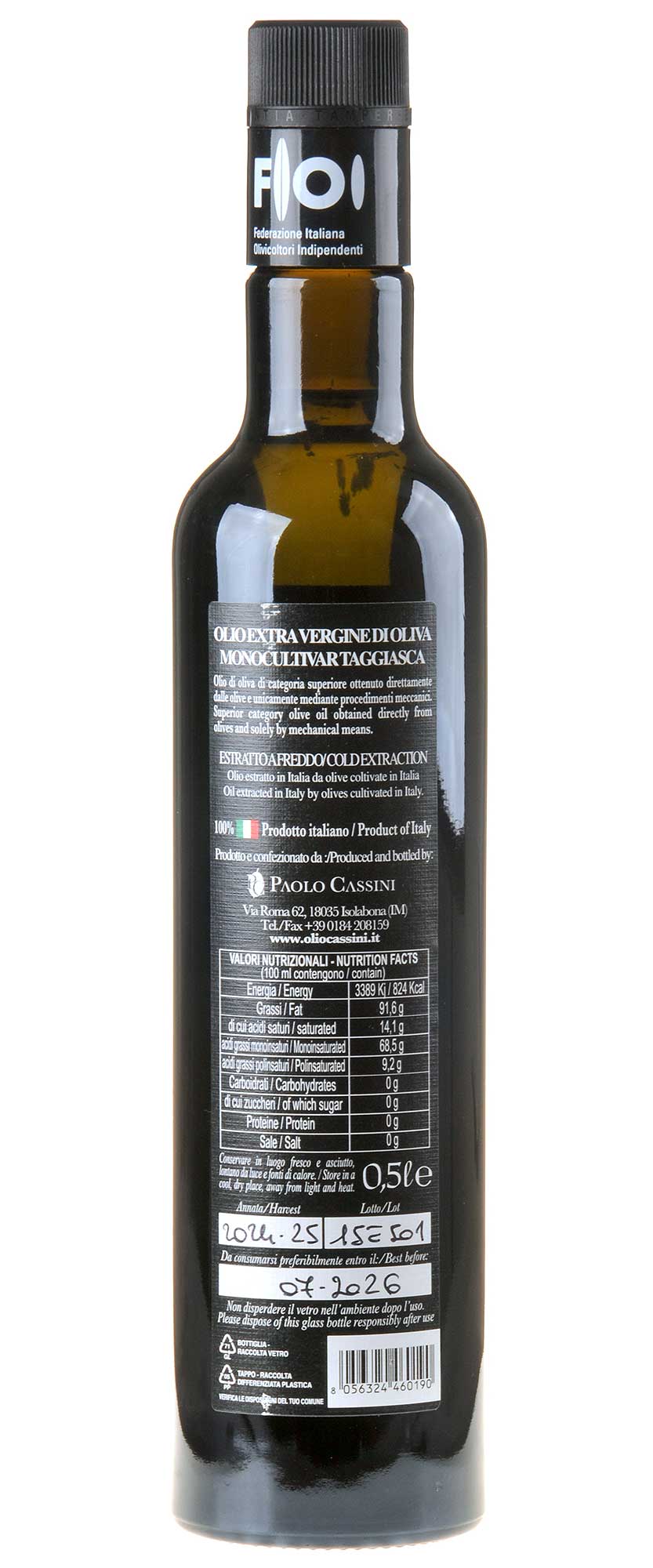 Paolo Cassini Olivenöl Extra Vergine Taggiasca Extremum 2024 500ml Rücketikett