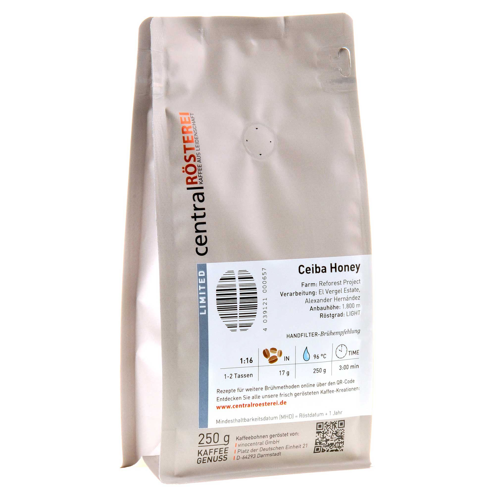 CentralRösterei Ceiba Honey Kolumbien 250g Rücketikett