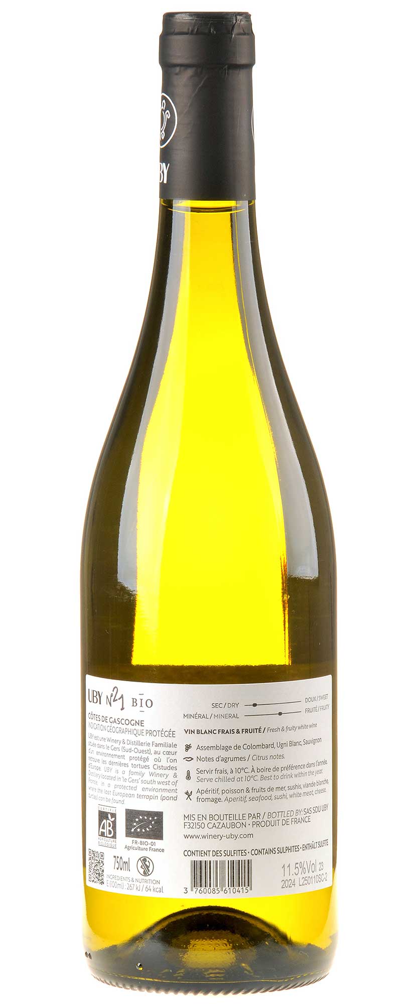 Domaine Uby No.21 Côtes de Gascogne Bio 2024 Rücketikett