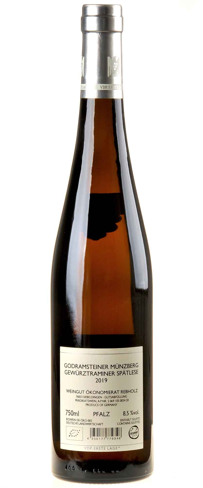 Weingut Ökonomierat Rebholz Gewürztraminer Godramsteiner Münzberg Spätlese Bio 2019 Rücketikett