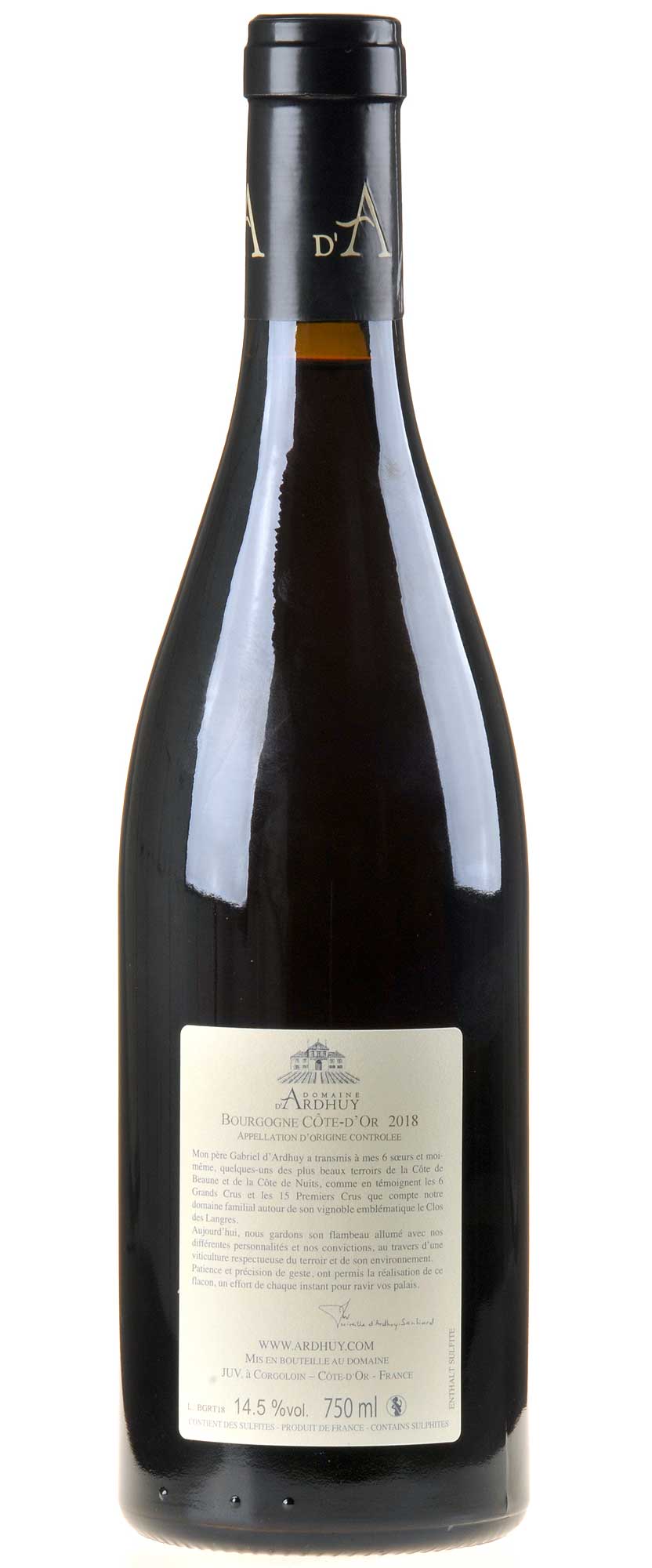 Domaine d'Ardhuy Bourgogne Côte-d'Or Pinot Noir 2018 Rücketikette