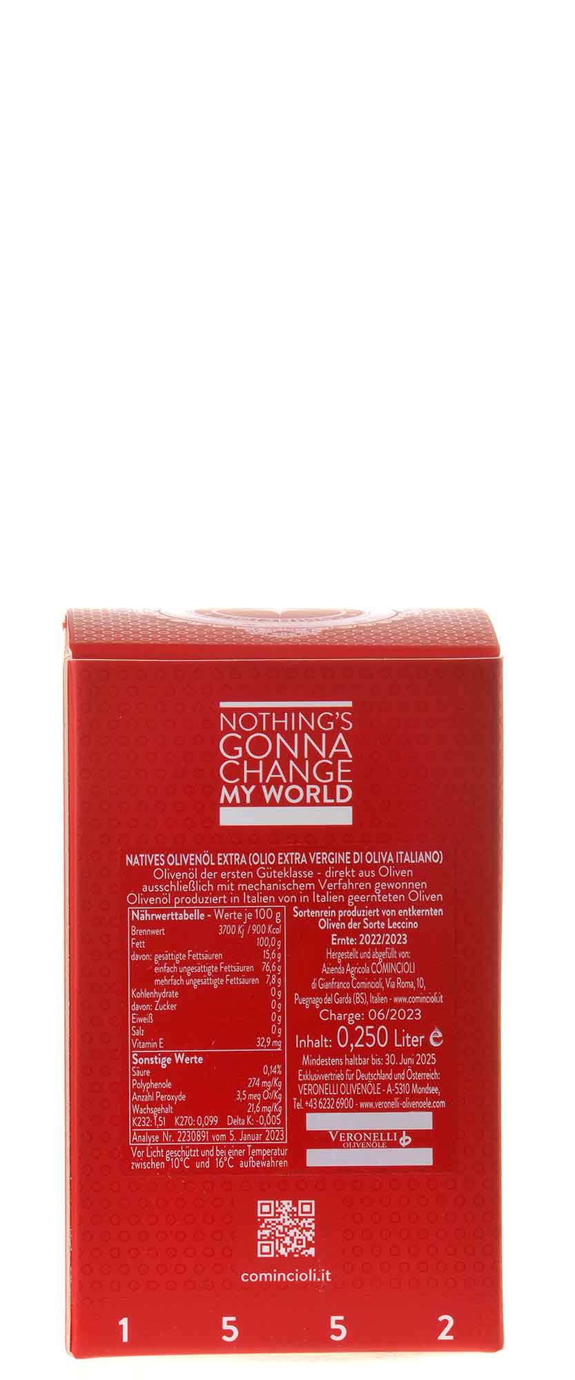 Gianfranco Comincioli Leccino Olivenöl Extra Vergine i denocciolati 2022 250ml Karton Rücketikett