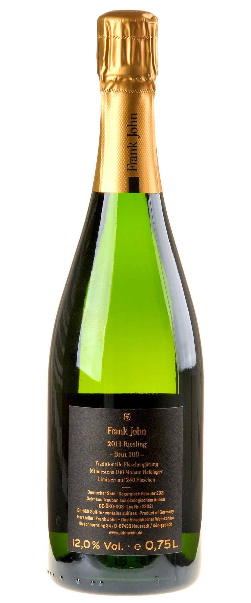 Frank John Riesling Brut 100 Mon. Hefelager Bio 2011 Rücketikette