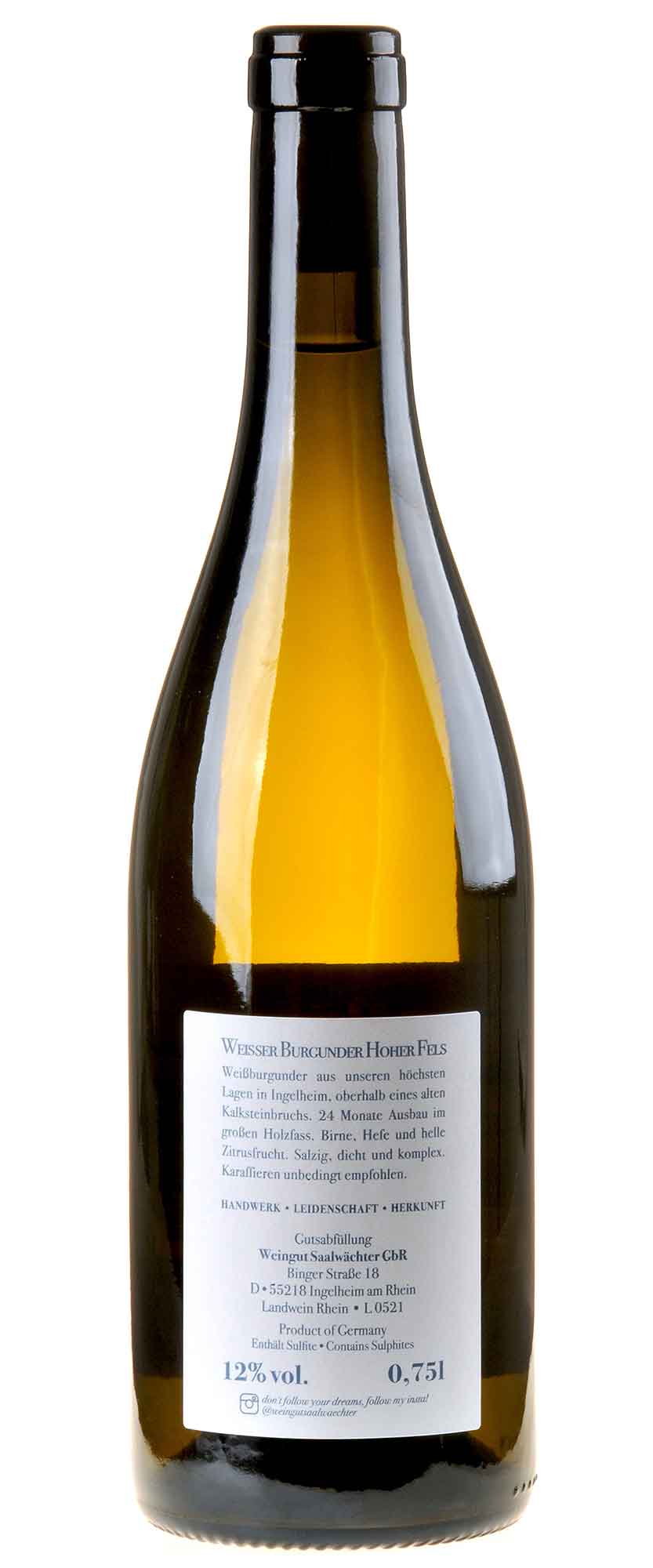 Carsten Saalwächter Weißer Burgunder Hoher Fels 2021 Rücketikett