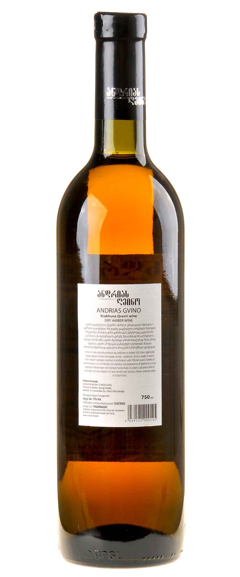 Andrias Gvino Krakhuna Dry Amber Wine 2021 Rücketikett