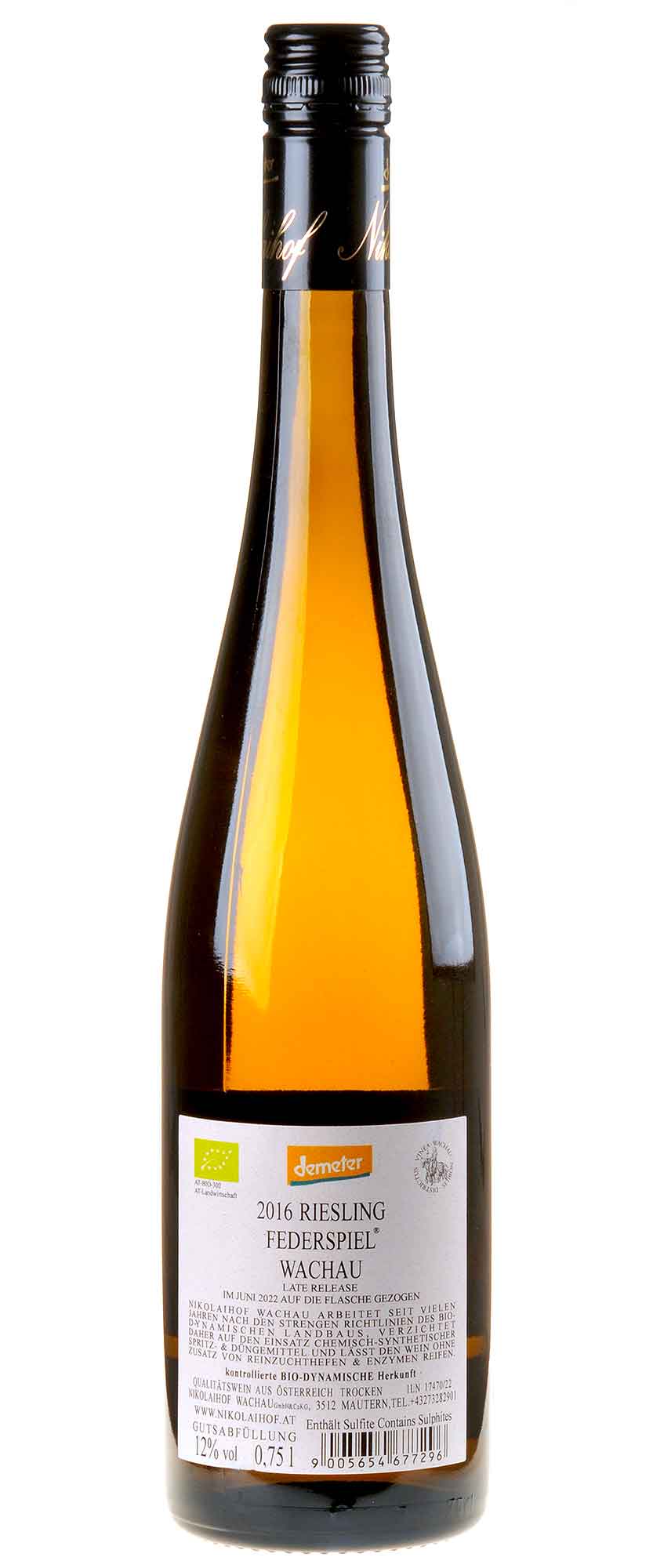 Nikolaihof Riesling Federspiel Late Release Bio 2016 Rücketikett