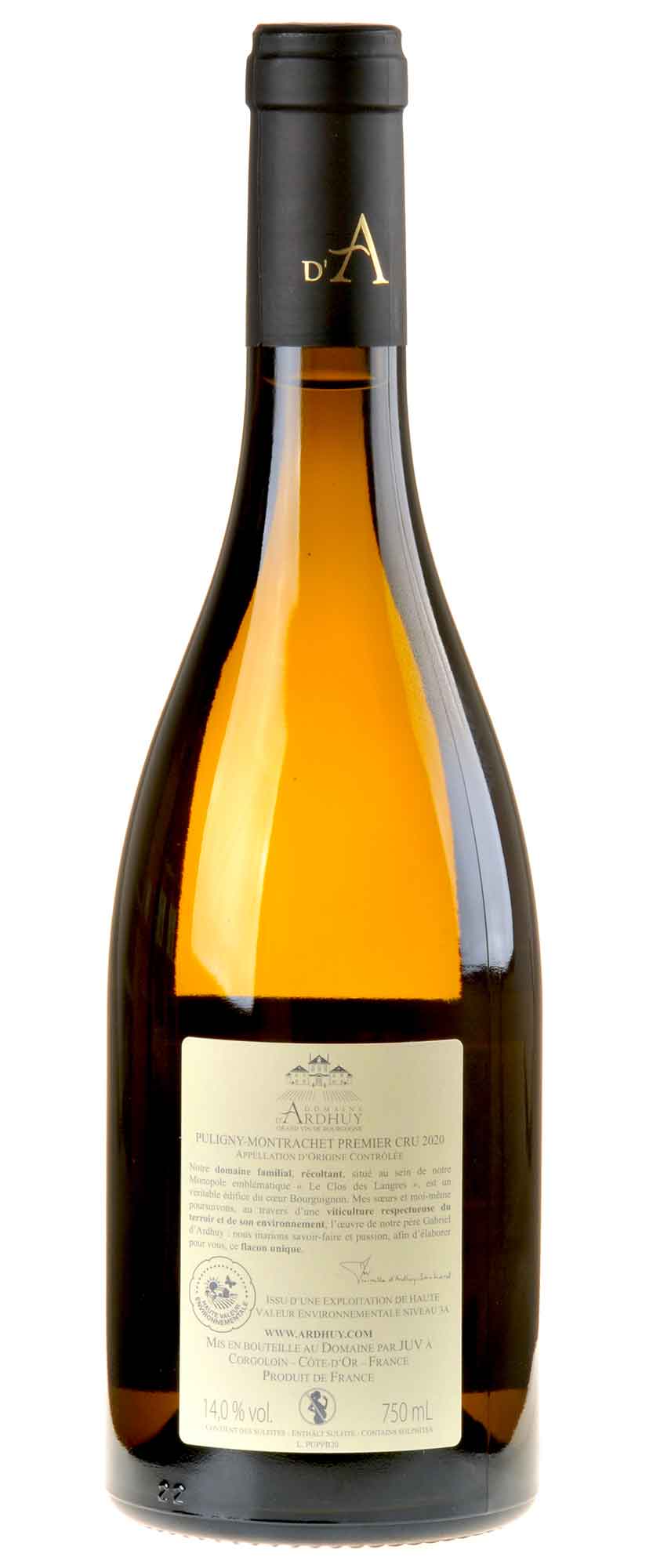 Domaine d'Ardhuy Puligny-Montrachet 1er Cru "Sous les Puits" Blanc Bio 2020 Rücketikett