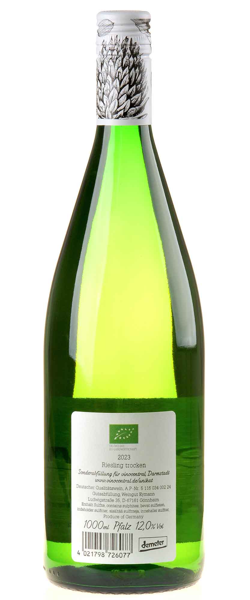 Weingut Eymann Pfälzer Riesling trocken 1 Liter Bio 2023 Rücketikett