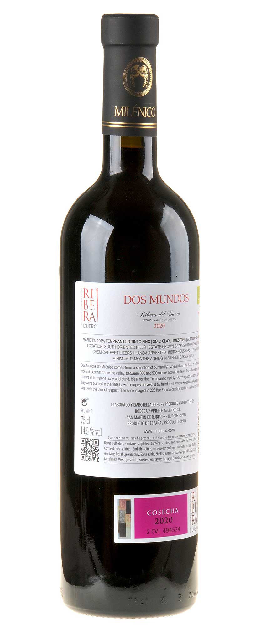 Milénico Dos Mundos Ribera del Duero Bio 2020 Seitenetikett