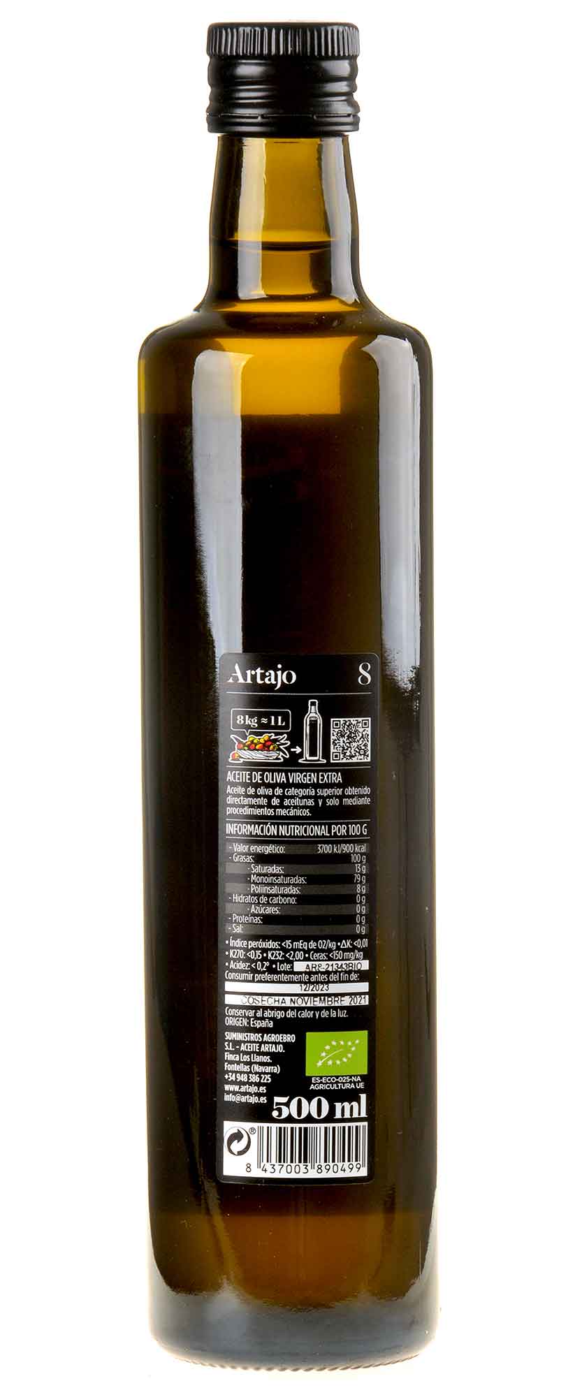 Artajo 8 Arbequina Olivenöl Extra Vergine Bio 2021 500ml Rücketikett