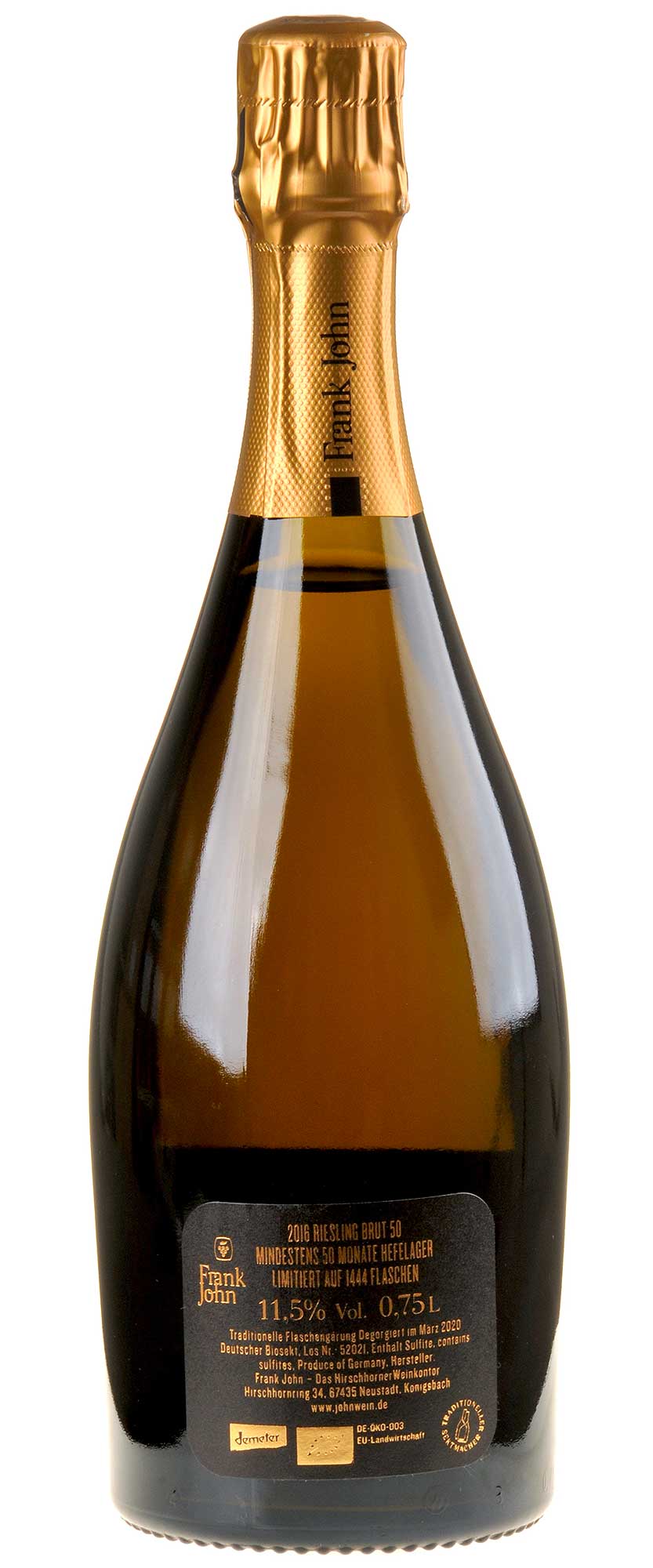 Frank John Riesling Brut min. 50 Mon. Hefelager Bio 2016 Rücketikett