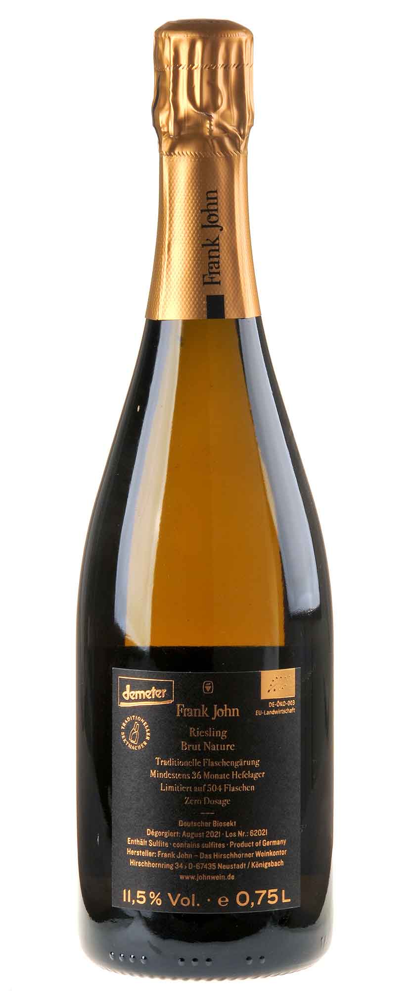 Frank John Riesling Brut Nature min. 36 Mon. Hefelager Bio Rücketikett