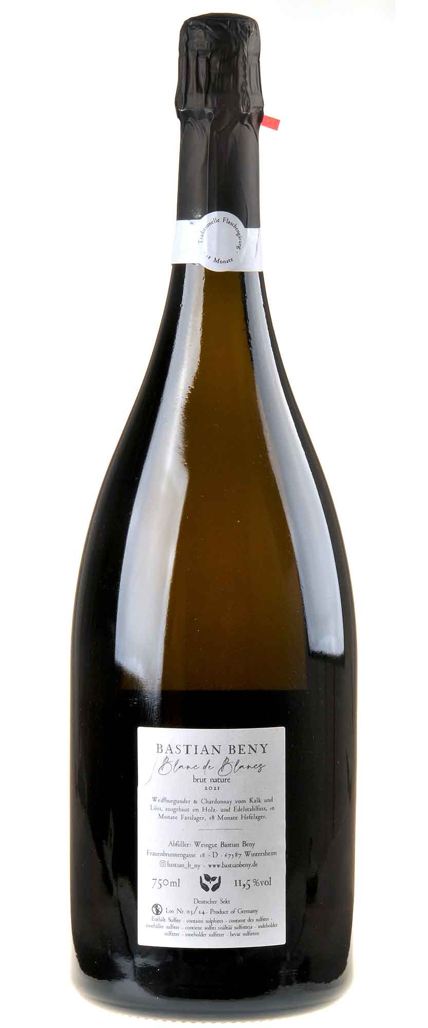 Weingut Bastian Beny Blanc de Blancs Brut Nature 2021 Magnum Rücketikett