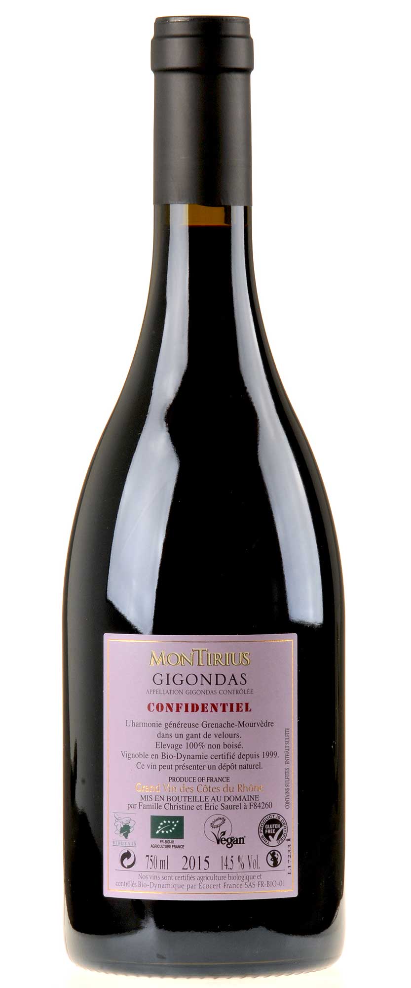 Montirius Confidentiel Gigondas 2015 Bio Rücketikette