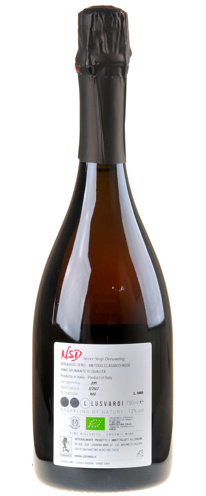 Lusvardi Wine NSD Never Stop Dreaming Rosé Dosage Zero 2019 Bio Rücketikett