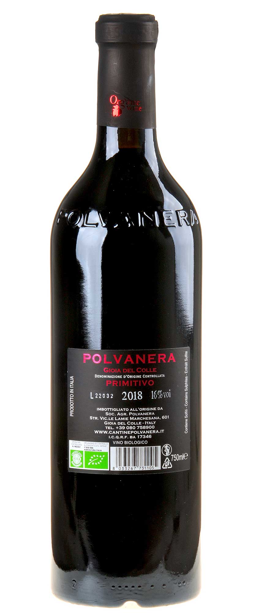 Polvanera Primitivo 16 Gioia del Colle Vigneto San Benedetto Bio 2018 Rücketikett