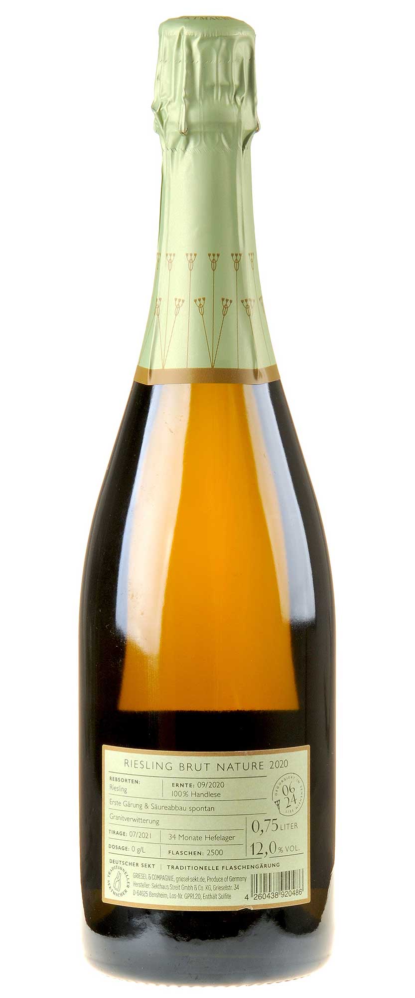 Griesel & Compagnie Riesling Brut Nature Prestige 2020 Rücketikett