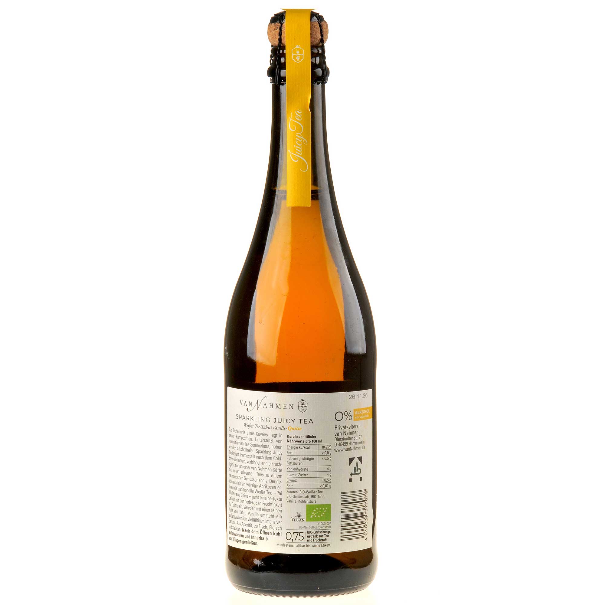 Van Nahmen Sparkling Juicy Tea Rose Darjeeling Rhabarber alkoholfrei Bio Rücketikett