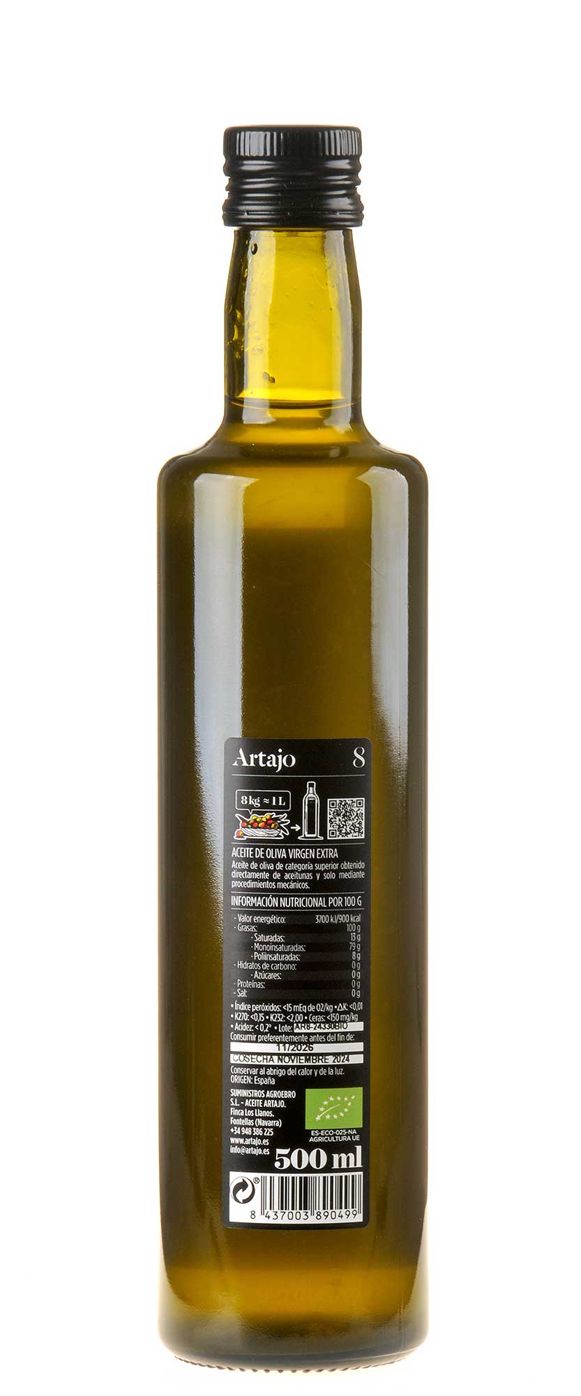 Artajo 8 Arbequina Olivenöl Extra Vergine Bio 2024 500ml Rücketikett