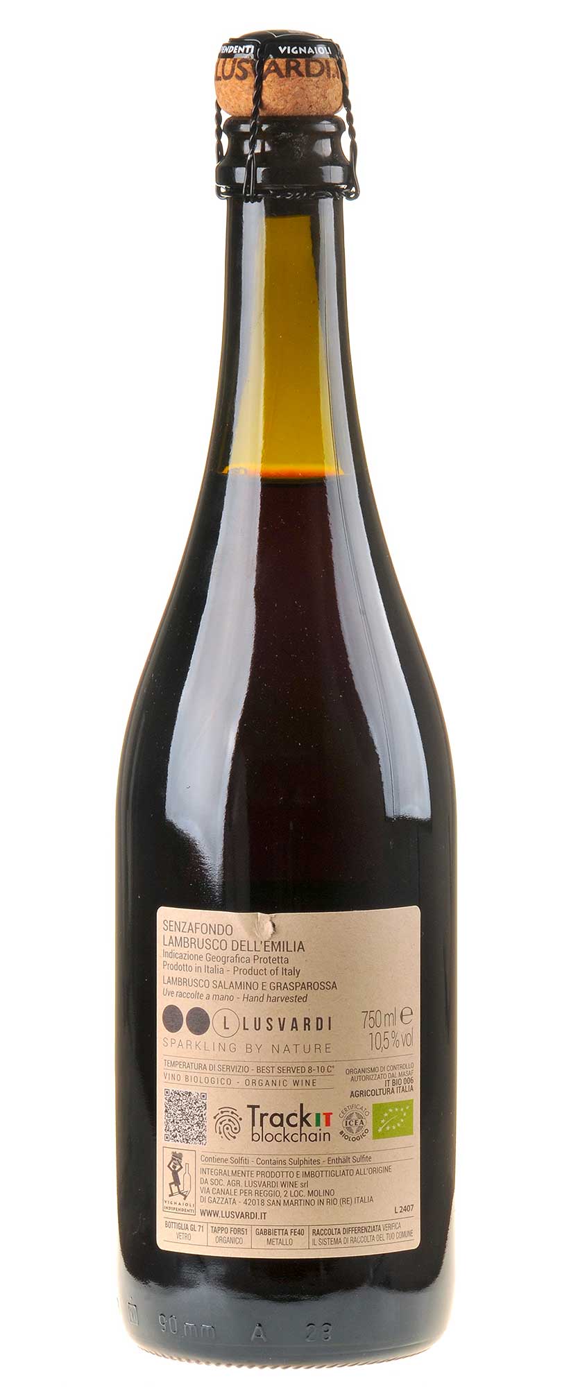 Lusvardi Wine Senzafondo Lambrusco Frizzante Bio Rücketikett