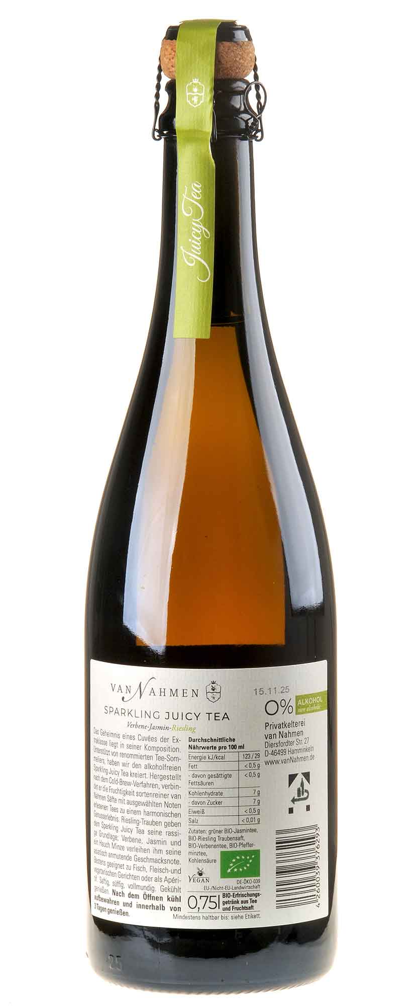 Van Nahmen Sparkling Juicy Tea Verbene Jasmin Riesling alkoholfrei Bio Rücketikett