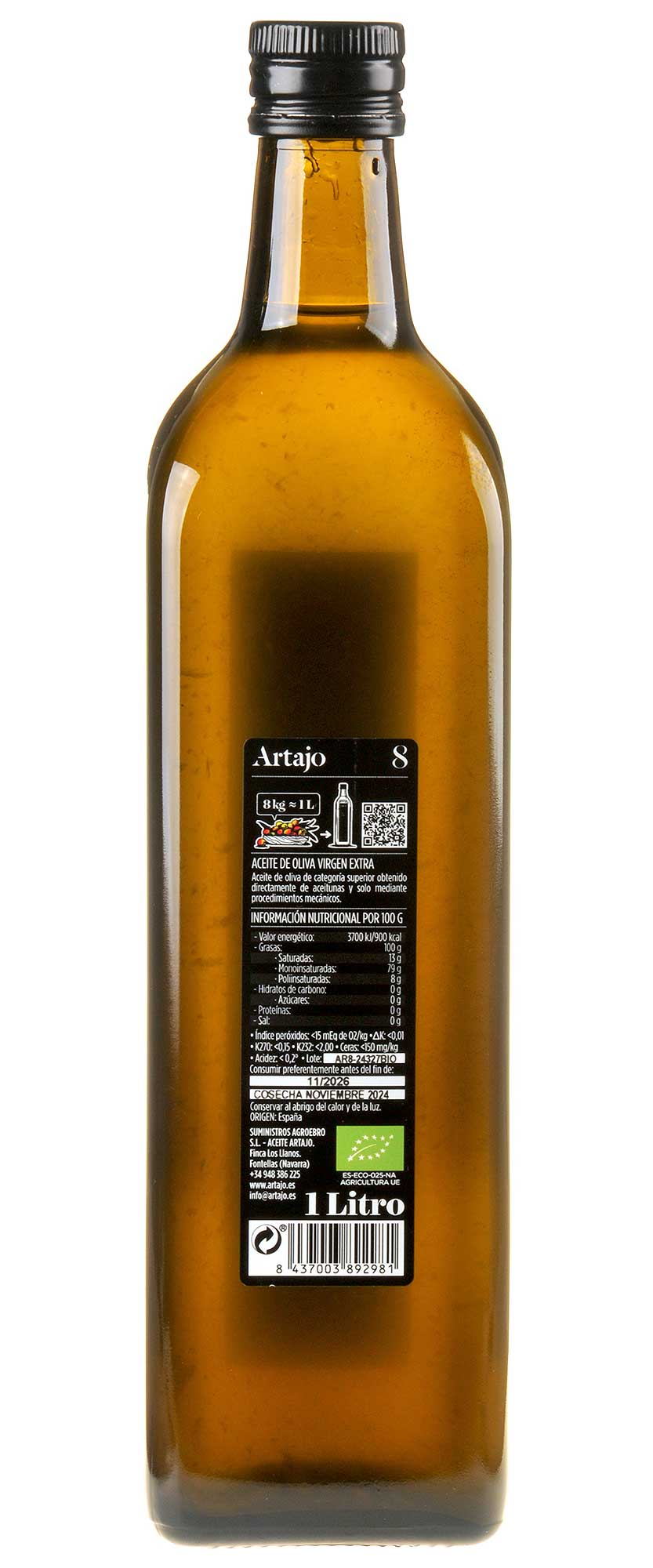 Artajo 8 Arbequina Olivenöl Extra Vergine Bio 2024 1l in Glasflasche Rücketikett