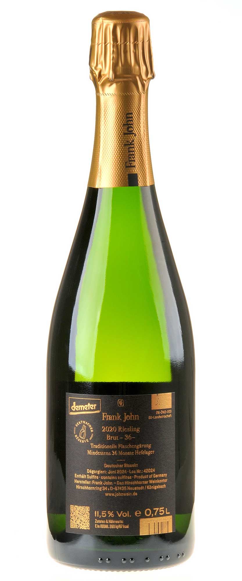 Frank John Riesling Brut min. 36 Mon. Hefelager Bio 2020 Rücketikett