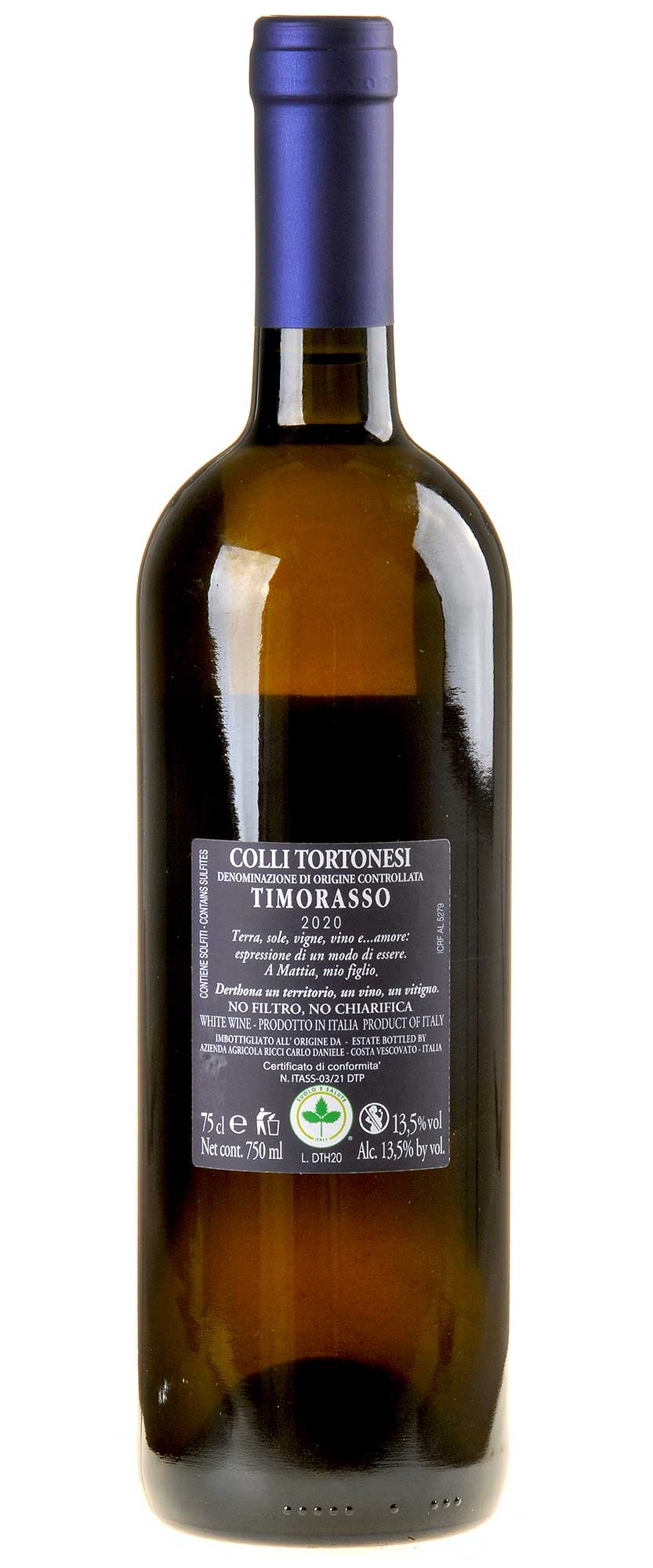 Daniele Ricci Derthona Colli Tortonesi Timorasso Bio 2020 Rücketikett