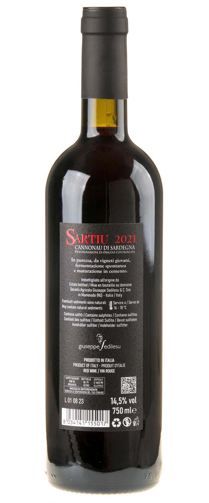 Cantina Giuseppe Sedilesu Sartiu Cannonau di Sardegna 2021 Rücketikett