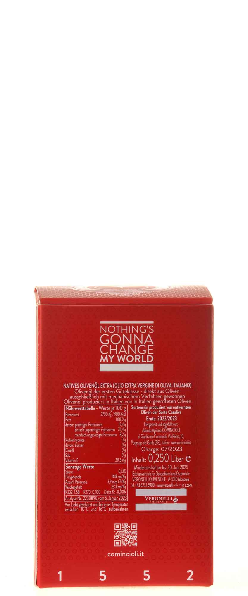 Gianfranco Comincioli Casaliva Olivenöl Extra Vergine i denocciolati 2022 250ml Karton Rücketikett