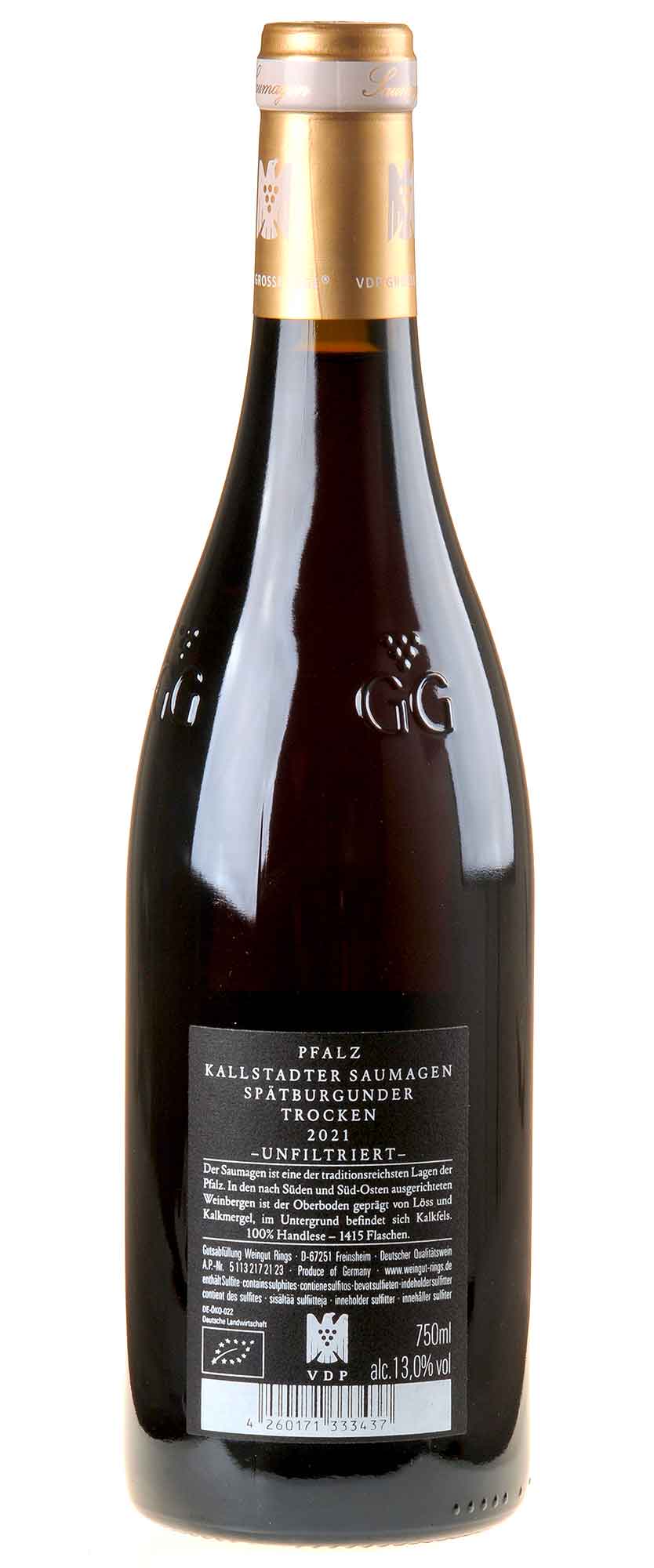 Weingut Rings Spätburgunder Saumagen Großes Gewächs 2021 Rücketikett